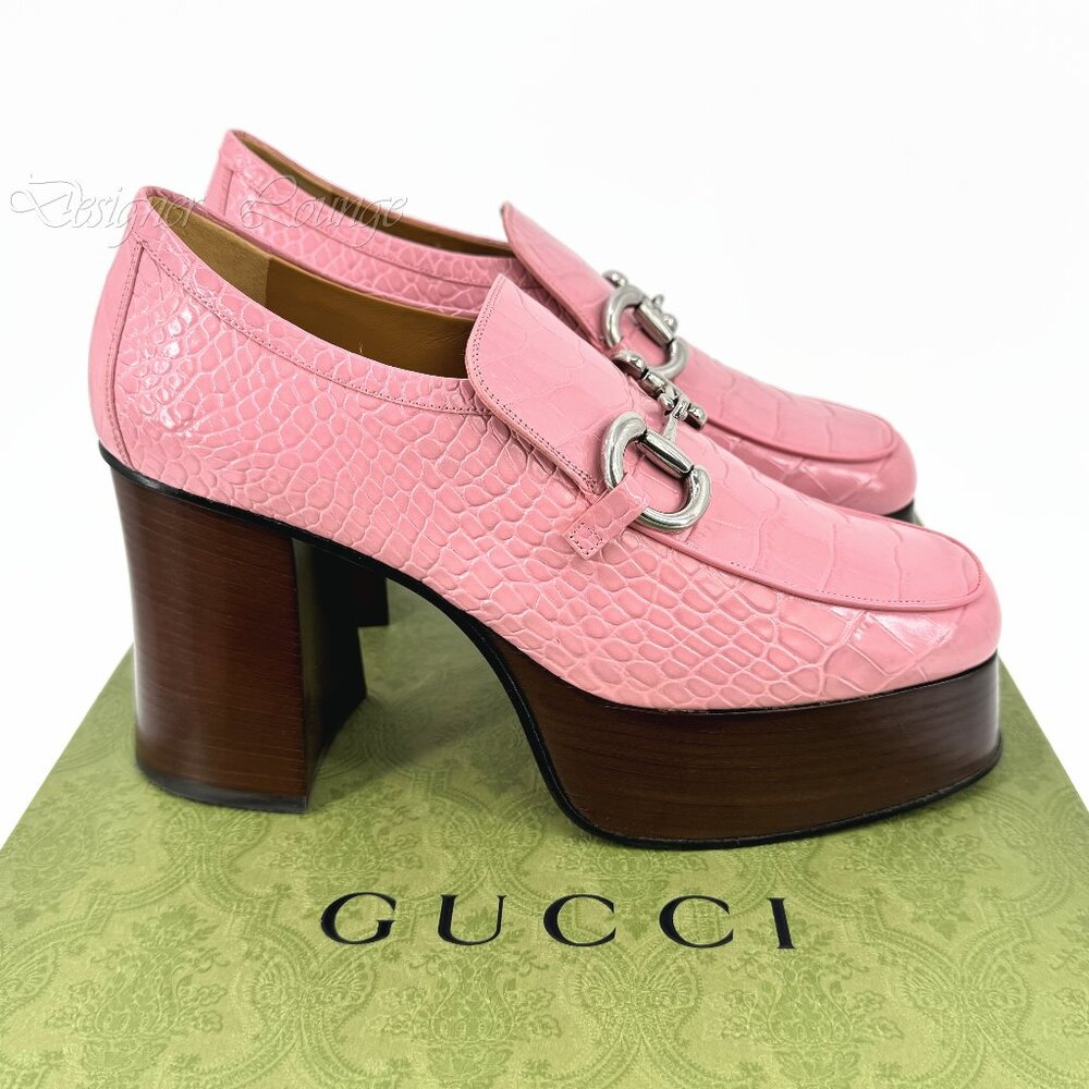 NEW GUCCI Horsebit Pink Croc Embossed Leather Platform Loafers EU 40.5 US 10.5